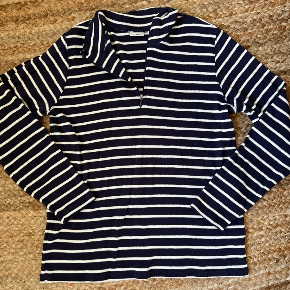 L.L. Bean Women’s XL Navy Blue & White Striped 100% Cotton 1/4 Zip Sweater